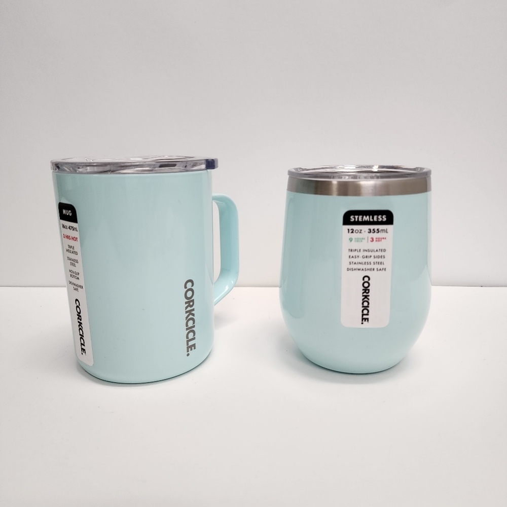 corkcicle stemless and mug set NEW powder blue